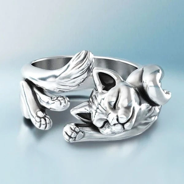 Vintage Verstelbare Zilveren Kitty Ring