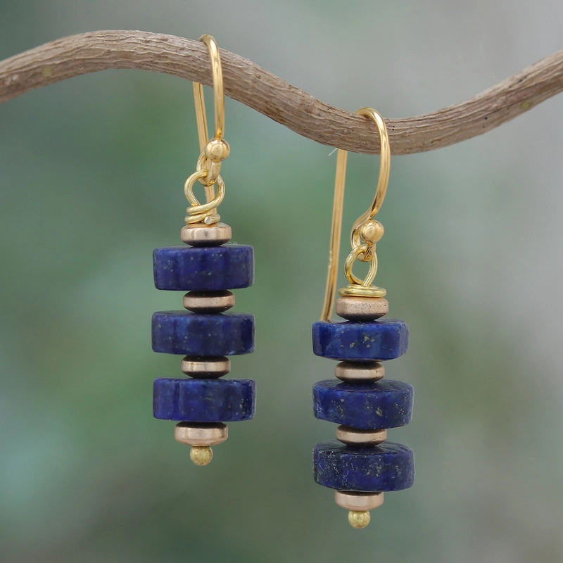 Vintage Blauwe Hangende Steen Oorbellen Goud