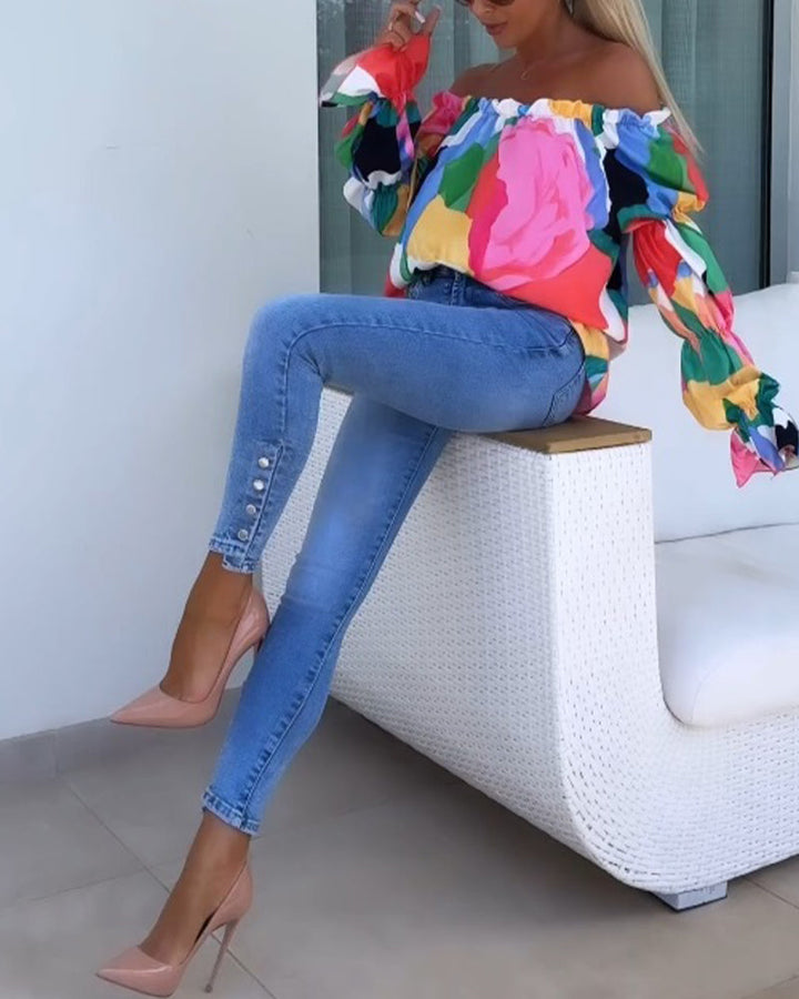 Colorful printed one-shoulder casual top