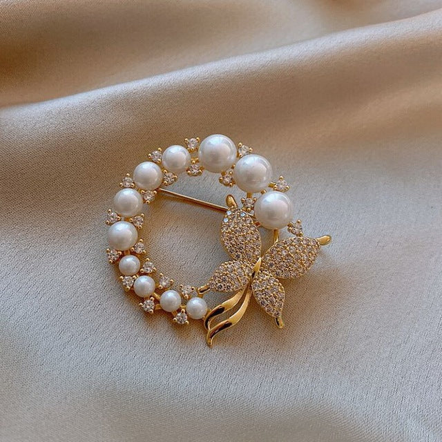 Vintage Vlinder Broche met Parels en Diamanten in Goud