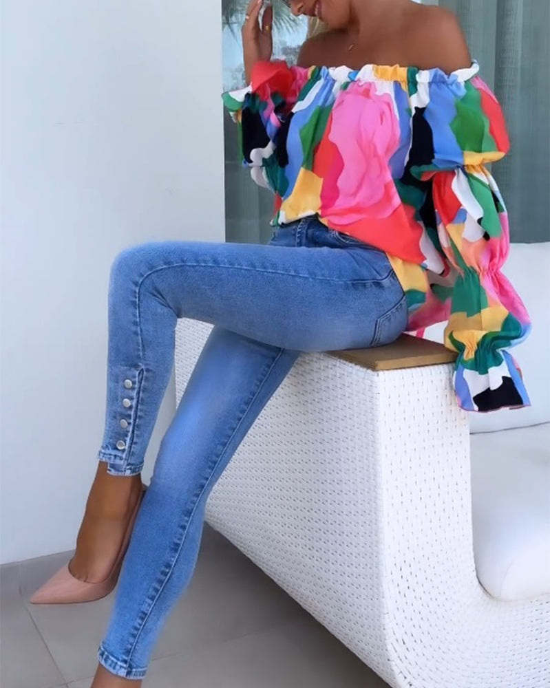 Colorful printed one-shoulder casual top